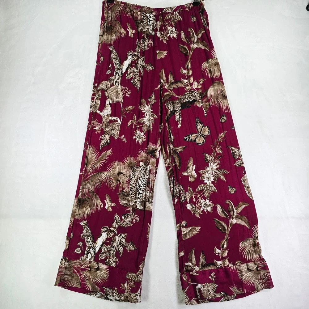 Banana Republic Women S Burgundy Safari Leopard Tropical Wide Leg Pants Wine